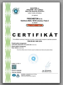 Certifikát systému environmentálního managementu dle ČSN EN ISO 14001:2016 pro betonárnu Praha - Smichov