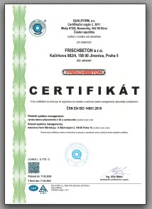 Certifikát systému environmentálního managementu dle ČSN EN ISO 14001:2016 pro betonárnu Praha - Měcholupy